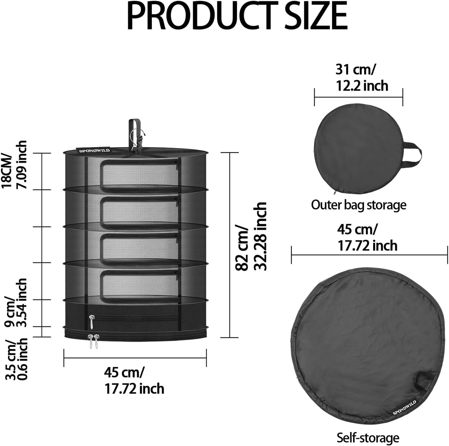Herb Drying Rack Hanging Mesh Net，Medium 4+1 Layer Plant Drying Rack with Door-Type Zipper & Closed Storage Compartment for Folding Basket Dryer Fitting in Grow Tents,Garden Outdoor