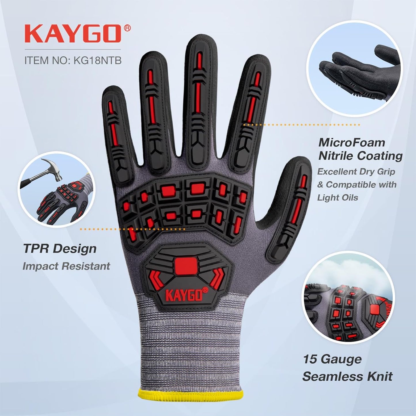 KAYGO Impact Reducing Work Gloves for Men, 3Pairs KG18N TPR Safety Work Gloves MicroFoam Nitrile Coated, Seamless Knit Nylon, Ideal for General Purpose, M