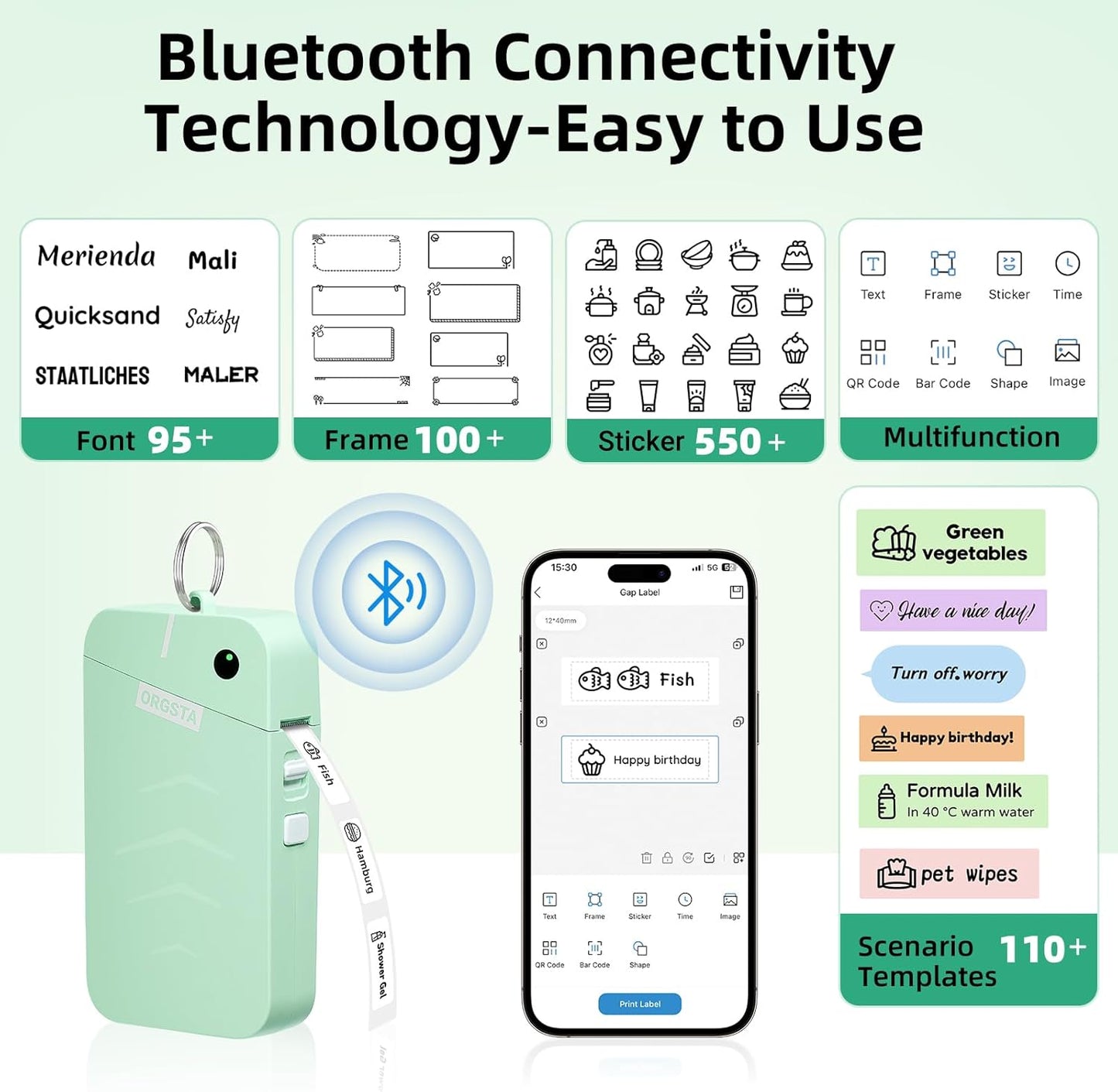 ORGSTA S001 Label Maker Machine with Tape, Portable Bluetooth Label Maker for Home and Office Organization, Thermal Label Printer Mini Label Maker with Multiple Templates, Green