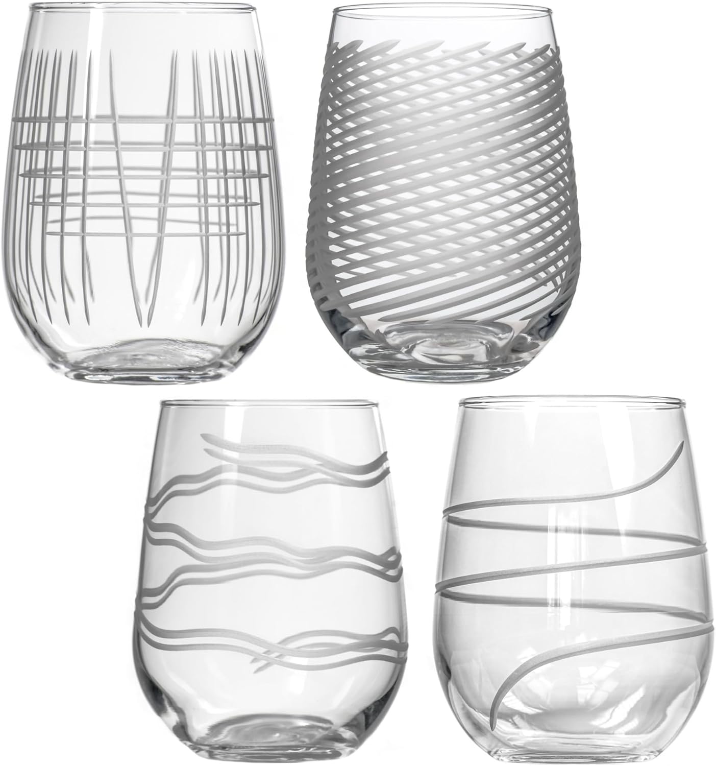 Rolf Glass Symmetry Stemless Wine Glass| 17oz Stemless Tumblers | Proudly Made in the USA | Lead-Free and Diamond-Wheel Engraved | Set of 4