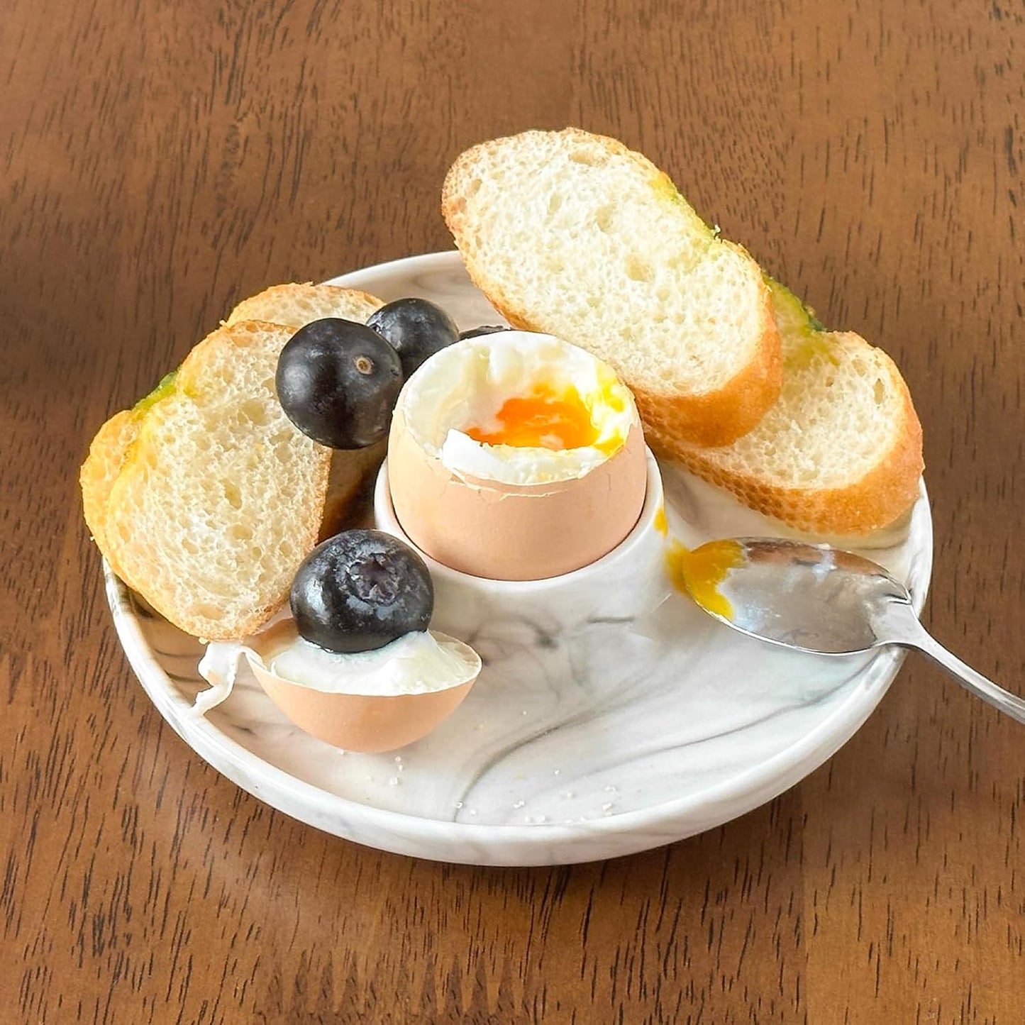 Cinf EggHolder & Spoon Set 2 Ceramic Egg Holders + 2 SS Spoons Breakfast Plate Marble 5.5'' Food Container Egg Tray Dinner Serving for Hard Boiled Eggs, Easter & Deserts Dish