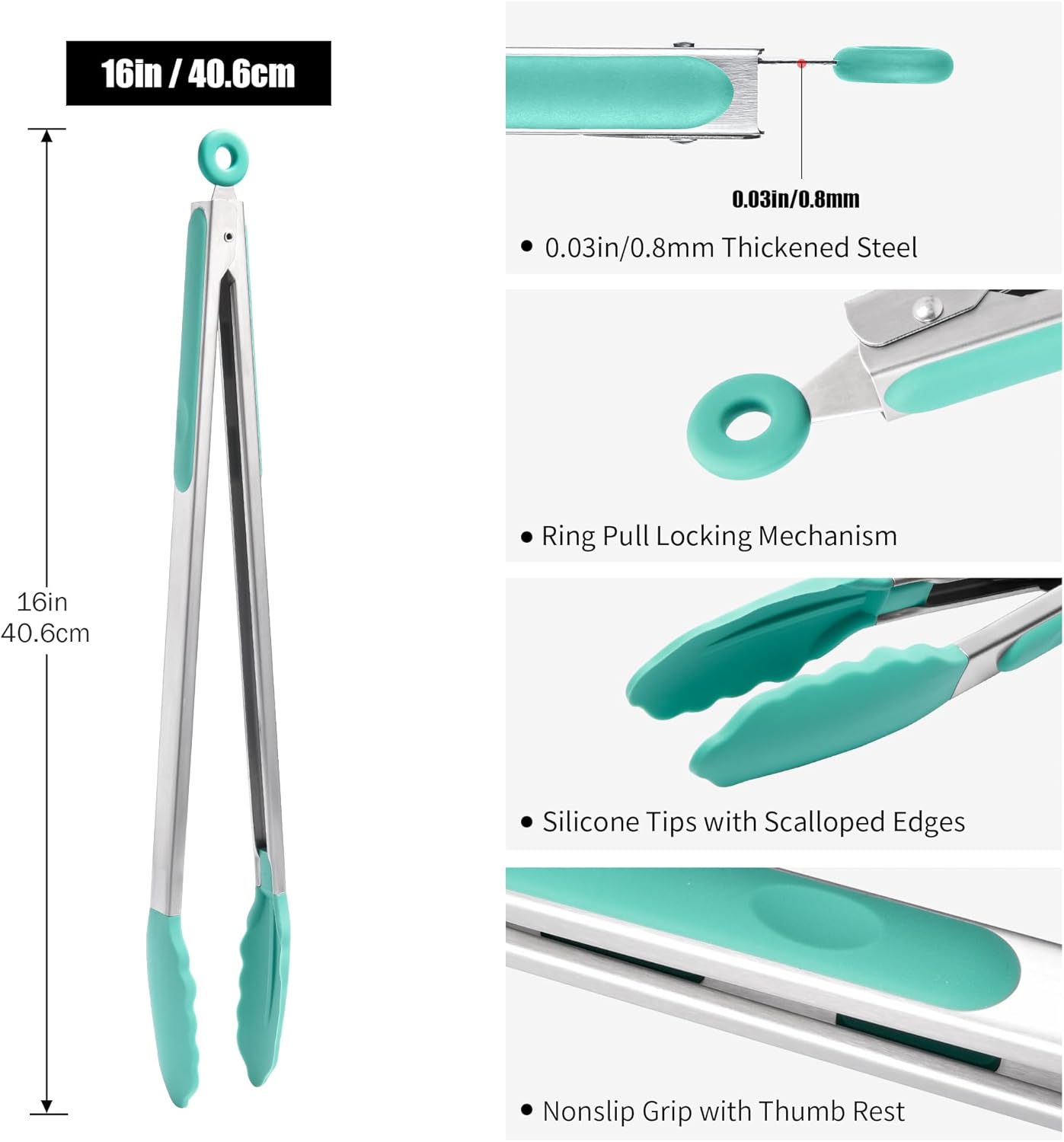 Doosu Kitchen Tongs for Cooking - 600°F Heat Resistant Food Tong with Non-Scratch Silicone Tips, Heavy Duty Stainless Steel Locking Tong for BBQ, Grilling Steak, Serving Salad, Pasta (16in, Aqua Sky)