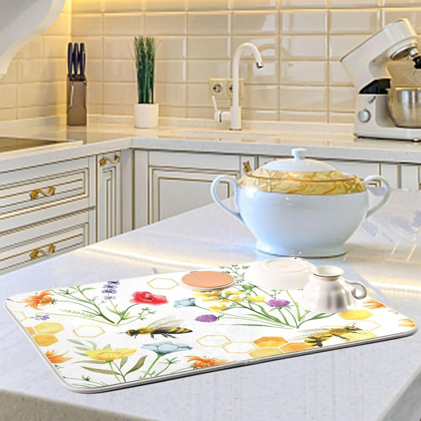 Wildflowers and Bees Dish Drying Mat for Kitchen Counter Absorbent Microfiber Drying Pad, Large 18x24 in, Reversible Drainer Mats