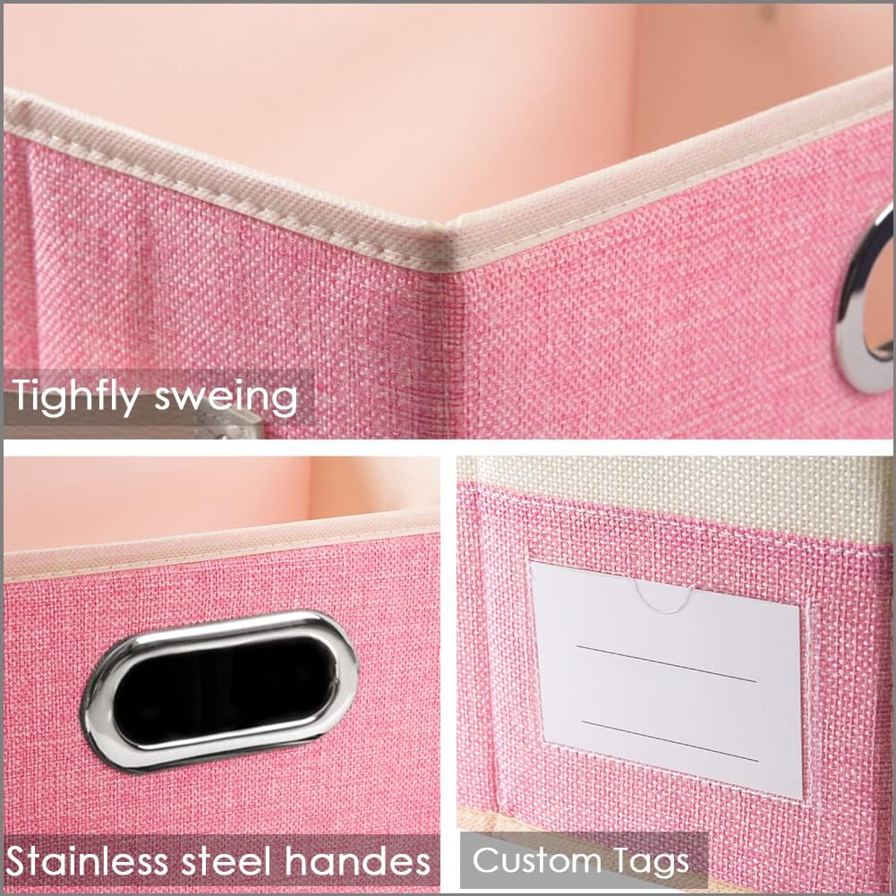 PRANDOM Large Collapsible Storage Baskets for Closet [3-Pack] Decorative Fabric Storage Bins Cubes with Leather/Metal Handles for Shelves Bedroom Living Room Pink&Cream (14.9x9.8x8.3 Inch)