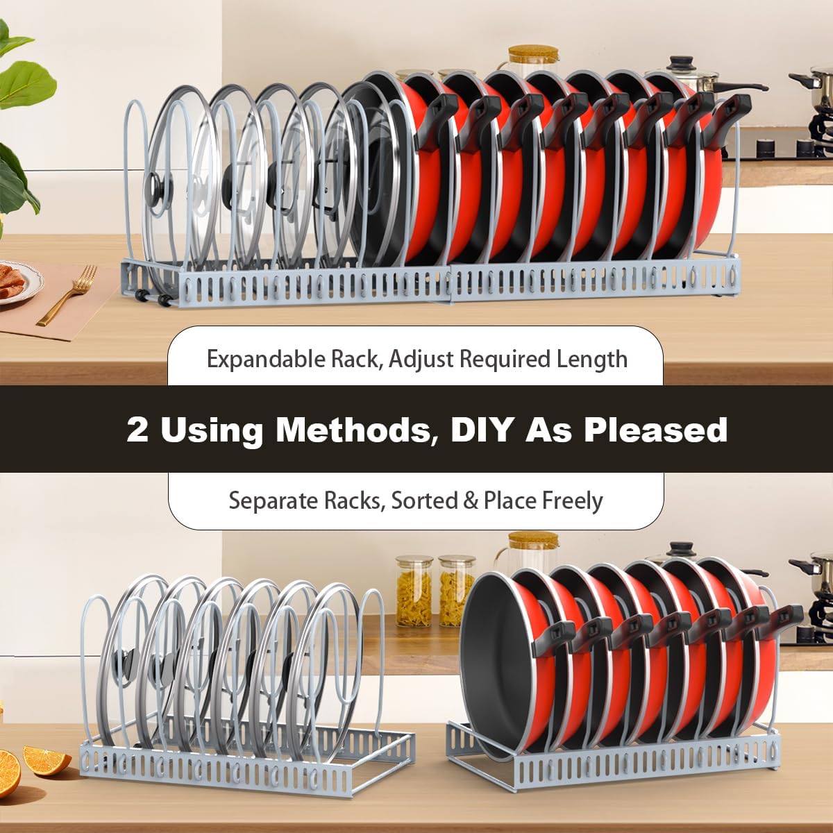 Housolution Pot and Pan Organizer Rack for Cabinet, Upgraded Expandable Pot Lid Organizer with 14 Adjustable Dividers, Pan Holder Storage Rack for Kitchen Cabinet, Grey