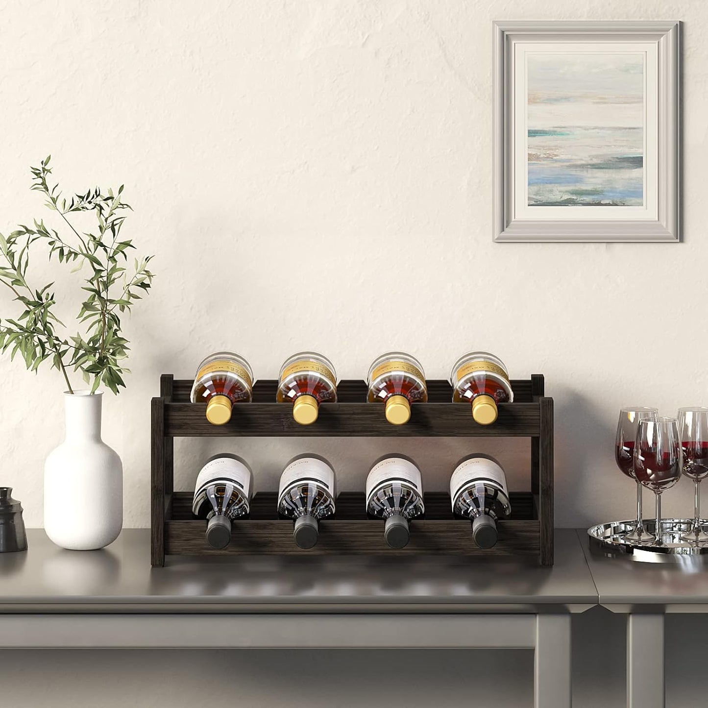BAMEOS Wine Rack Freestanding 2 Tier 8 Bottle Bamboo Wine Racks Countertop Cabinet Wine Holder Wine Storage Shelf for, Bar, Pantry Wine Cellar Basement Countertop Mocha (16.85 L x 9.25W x 7H