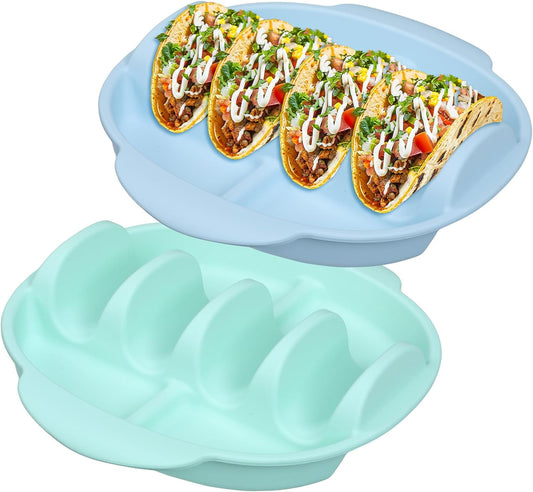 Silicone Taco Holder Plates, BicycleStore 2 Pack Taco Serving Tray with Handle, 11.8"X9.8" Non-Slip Taco Shell Holders Stand Rack with Dividers, Reusable Taco Bar Supplies Dishwasher & Microwave Safe