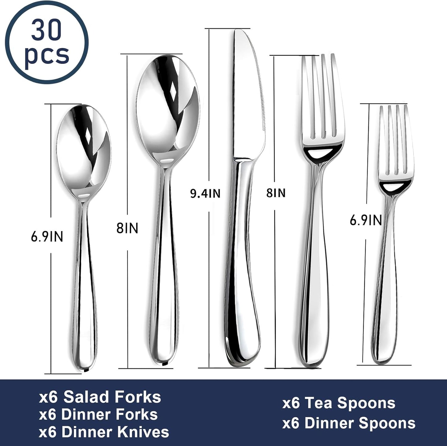 Heavy Duty Silverware Set for 6, 30 Piece Premium Stainless Steel Flatware Utensils Cutlery Set Including Steak Knife Fork and Spoon, Dishwasher Safe, Gift Package for Wedding Housewarming