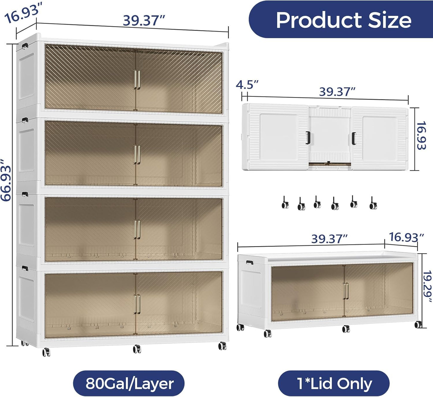 320GAL Extra Large Storage Bins with Lid, 1280QT Plastic Stackable Storage Bins with 6x Wheels, Collapsible Closet Organizer and Storage Drawer Cabinet for Living Room Office Dorm, 4Pack White