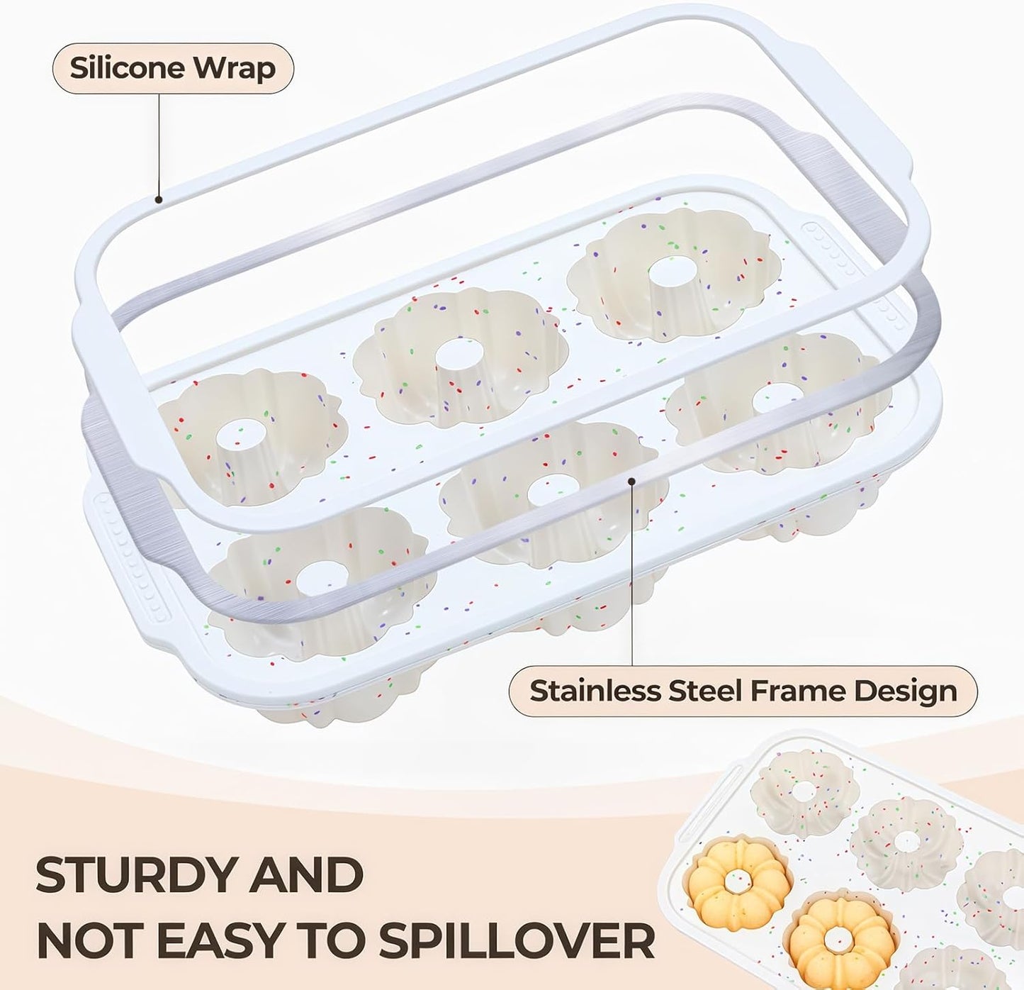 Mini Bundt Cake Pans for Baking, 2Pcs Silicone 6-Cavity Fluted Tube Cake Pan with Metal Reinforced Frame, Nonstick Baking Molds for Cupcake, Brownie, Donuts, Cornbread, Jello