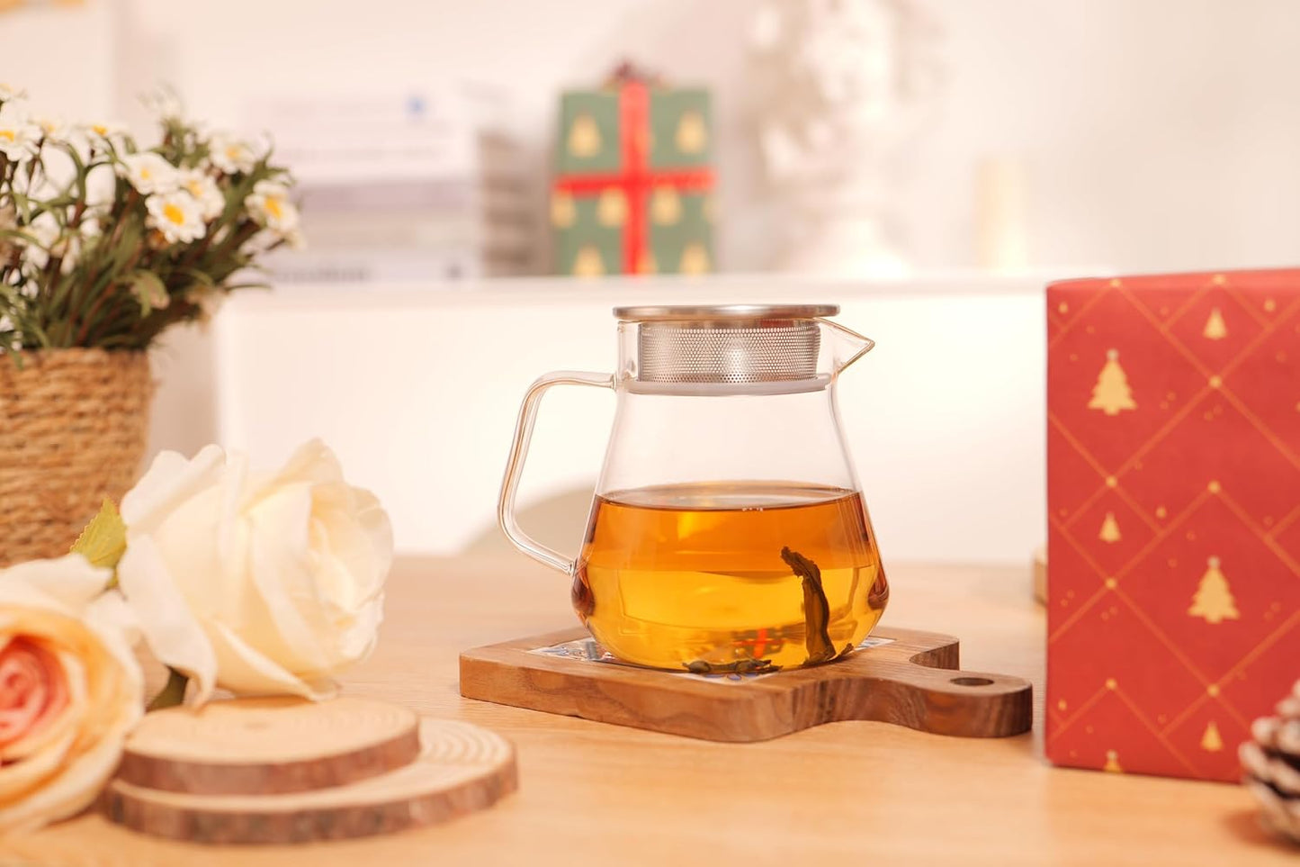 CNGLASS One-Touch Glass Teapot with Stainless Steel Filter Lid,20oz(600ml) Glear Tea Kettle Stovetop Safe,Borosilicate Glass Tea Pots for Loose Leaf Tea