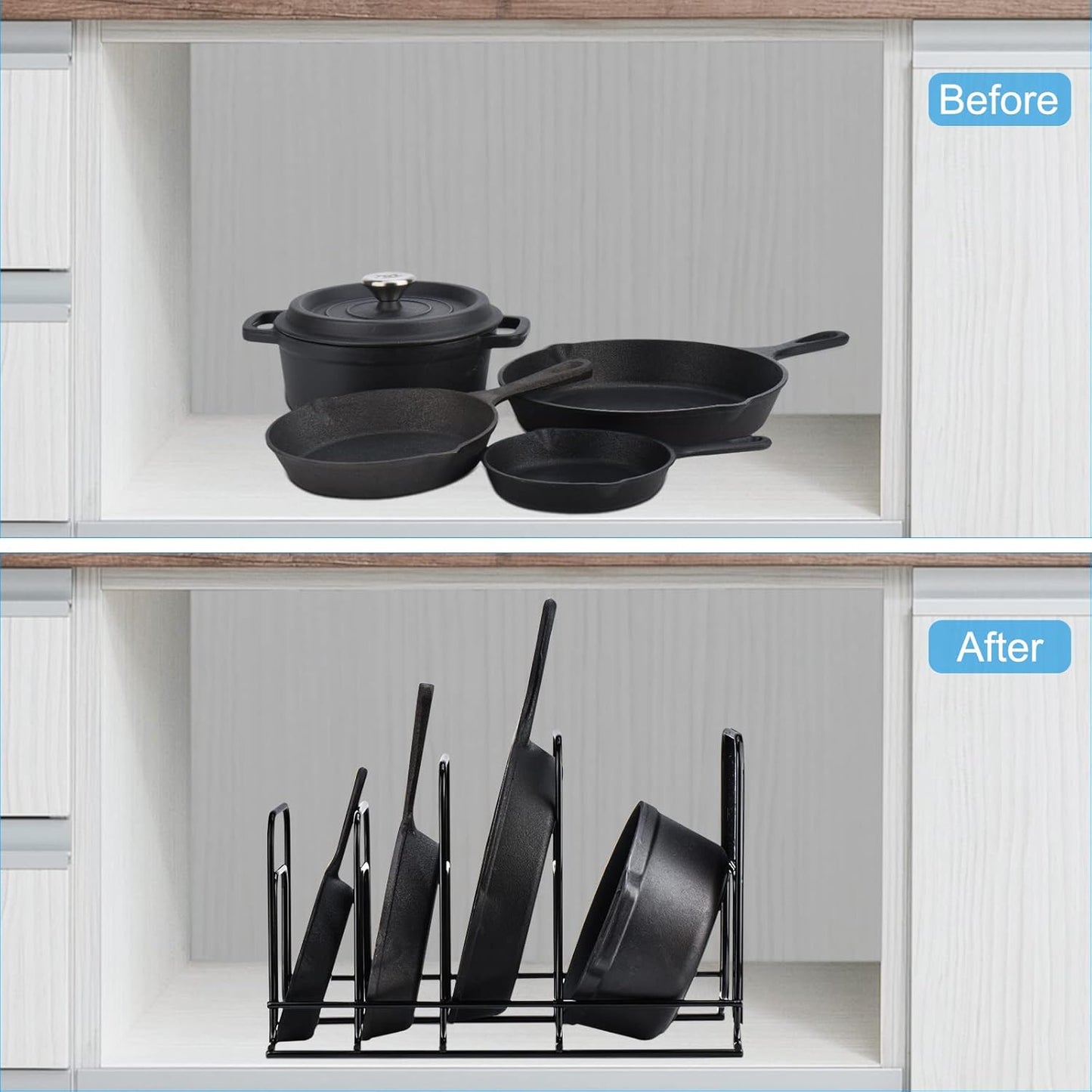 Toplife Heavy Duty Pan Organizer, 5 Tier Pot and Pan Organizer Rack for Cast Iron Skillets, Griddles and Pots - Sturdy Steel Construction- No Assembly Required - Black