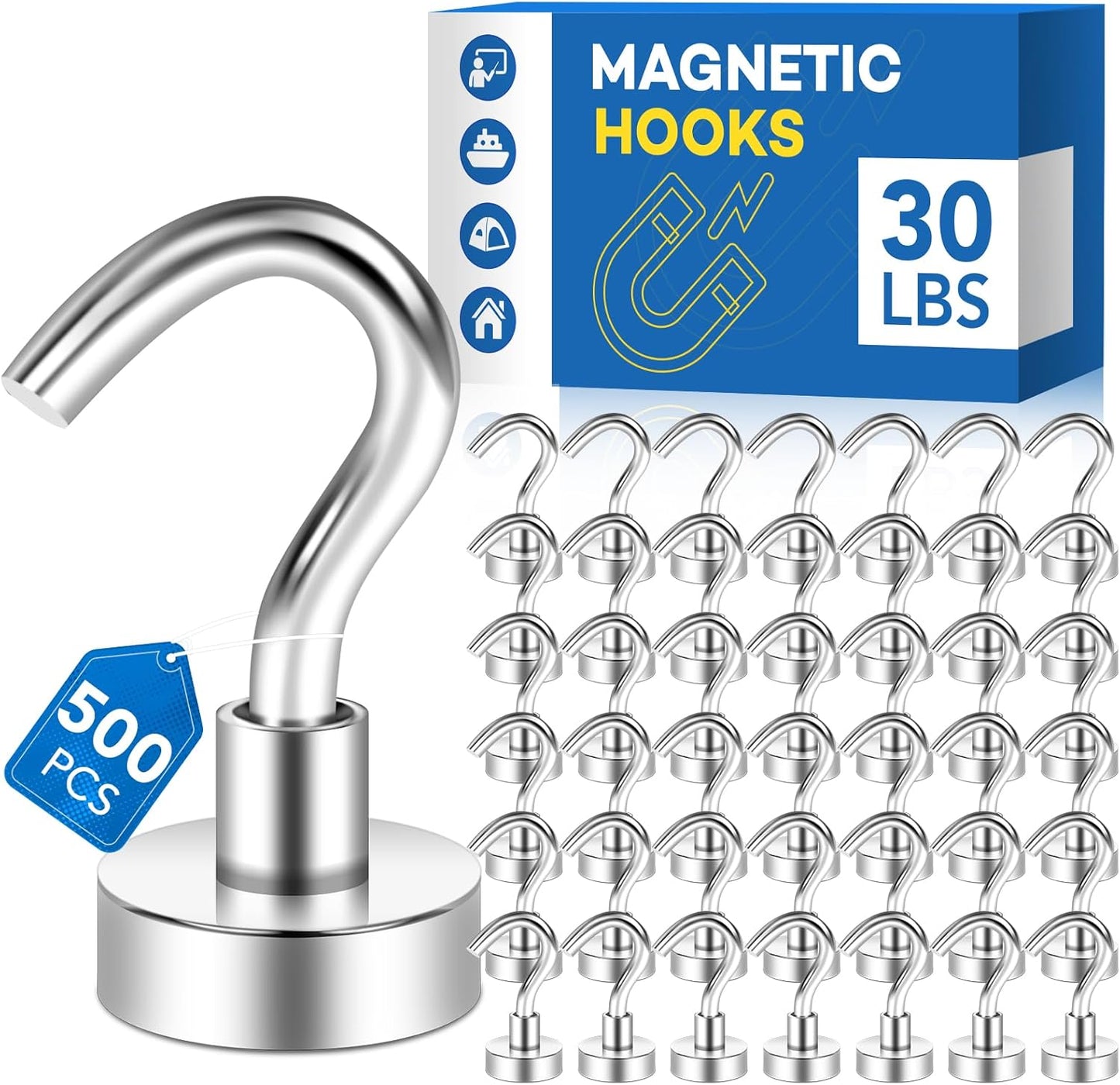 LOVIMAG Neodymium Strong Magnetic Hooks，30Lbs Rare Earth Magnets Heavy Duty with Hook for Refrigerator,Ceiling Magnets for Hanging,Cruise,Curtain and Kitchen etc - Pack of 500