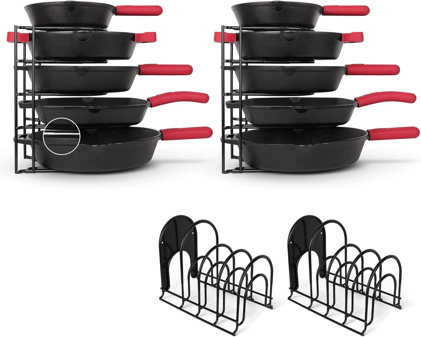 Cuisinel Pots and Pans Organizers - 2-Pack of Silicone-Coated Non-Slip 12" Heavy Duty Skillet Rack - Kitchen Organization Storage - Holds Cookie Sheets, Cutting Boards, Cast Iron Cookware, Dish Stand