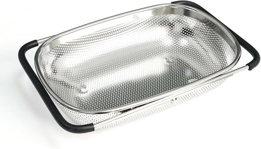 REDANT Over The Sink Colander - Expandable Stainless Steel Strainer with Fine Mesh for Pasta, Rice, Fruits & Vegetables - Kitchen Colander with Rubber Grip Handles, Silver (1-Pack)