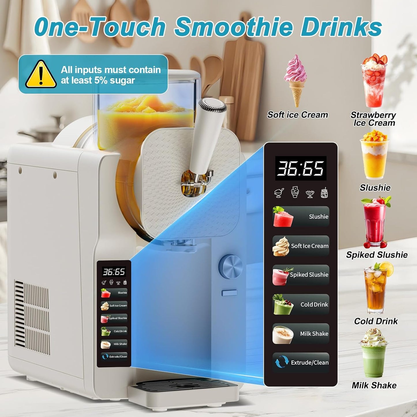 Ice Cream Maker, Slushie Machine for Home, Slushy Machine 70 oz Margarita Machine with 6 Preset Programs for Ice Cream, Smoothie, Milkshake, Cocktail, Frappés, 9-Level Adjustable Thickness, White