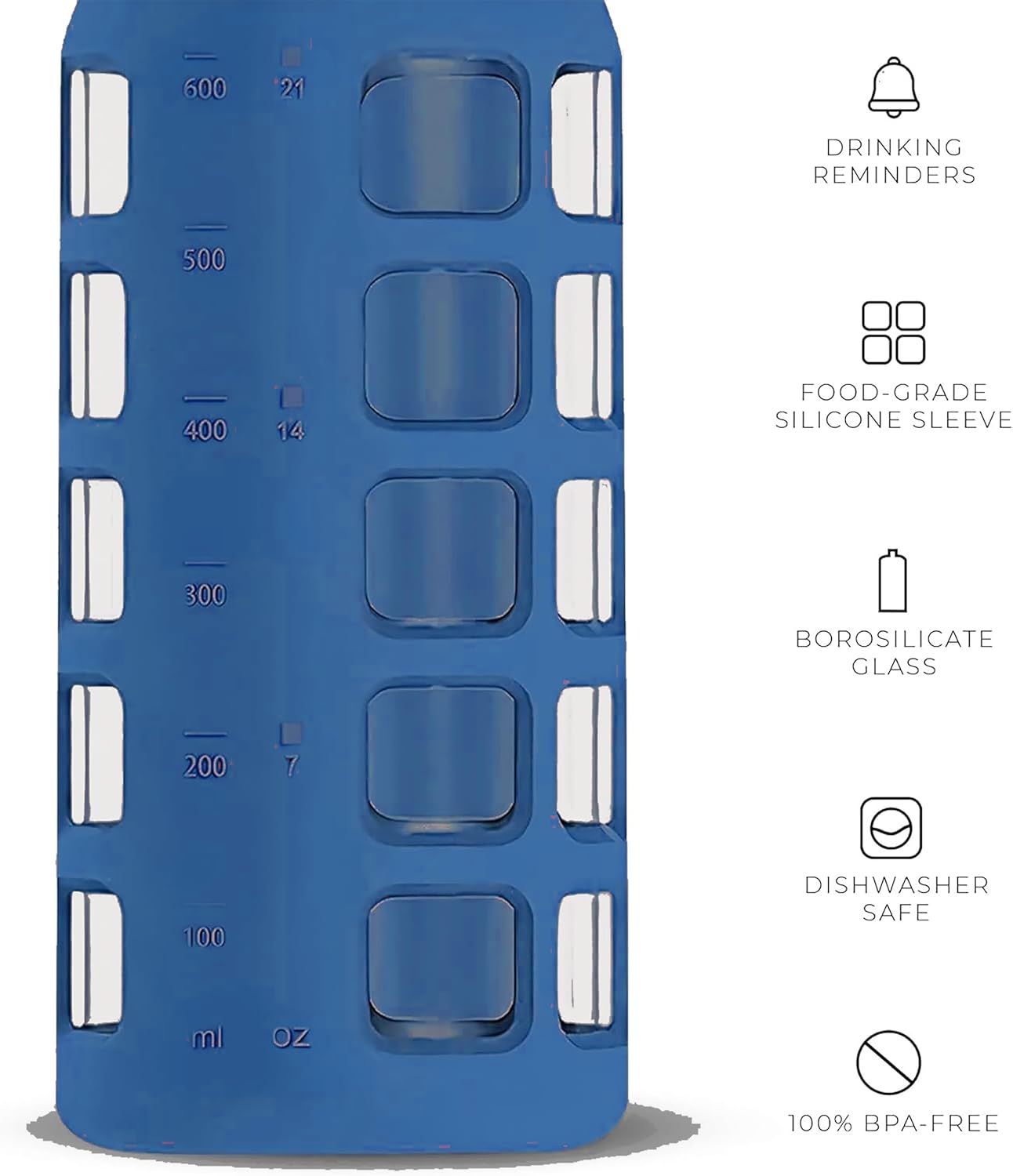 purifyou 40oz / 32oz / 22oz / 12oz Borosilicate Glass Water Bottle with Time & Volume Markers, Silicone Sleeve, Stainless Steel Lid – Reusable Glass Bottle for Water & Juice (22oz Chinese Porcelain)