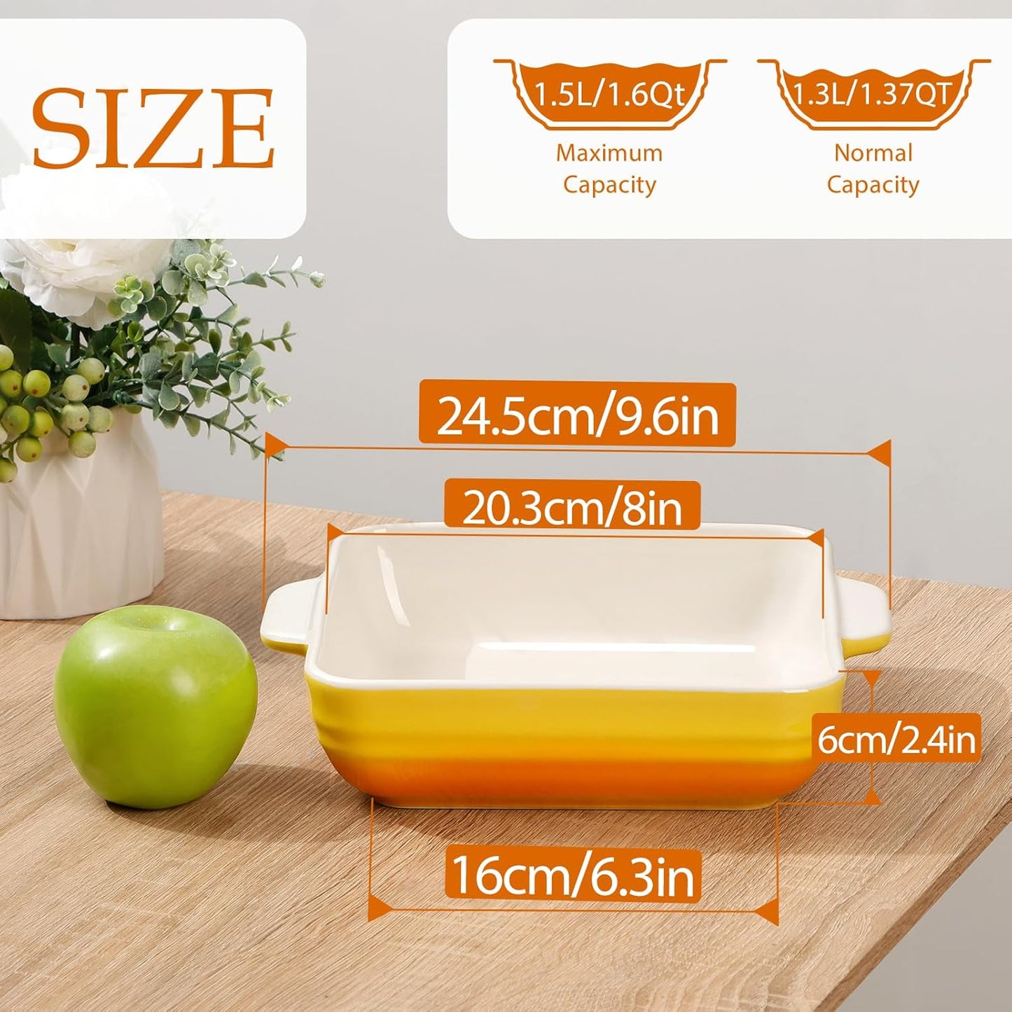 NUTRIUPS 8x8 inch Square Baking Dish, 50 Oz /1.6 Qt Ceramic Baking Pan with Handles, Casserole Dish for Oven, Porcelain Bakeware (Gradient Yellow)