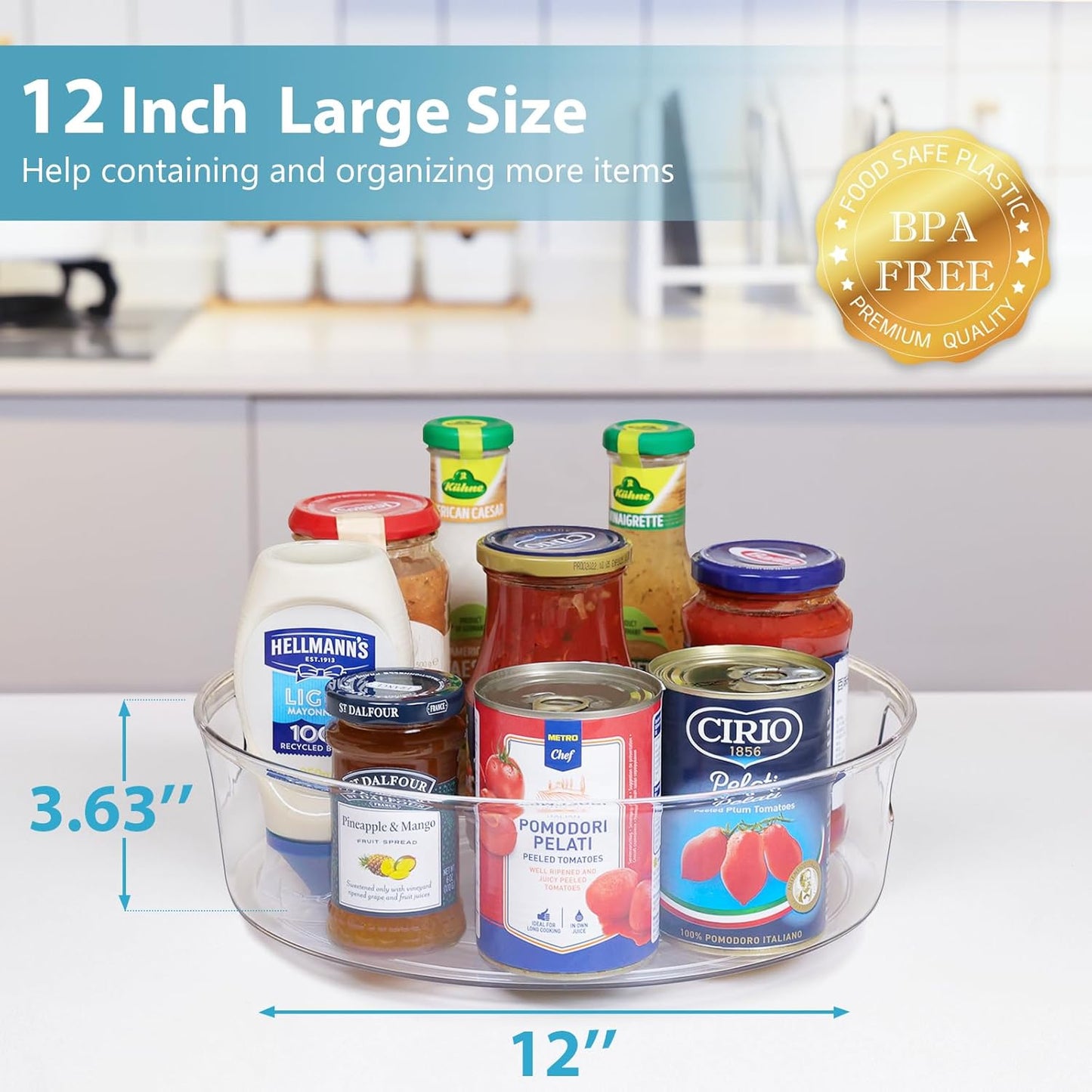 GUZON 4 Pack Lazy Susan Organizer with Handles, 12 Inch Large Lazy Susan Turntable for Cabinet, Clear Rotating Organizer for Kitchen, Pantry, Dresser, Refrigerator, Bathroom, Table, Fridge, Countertop