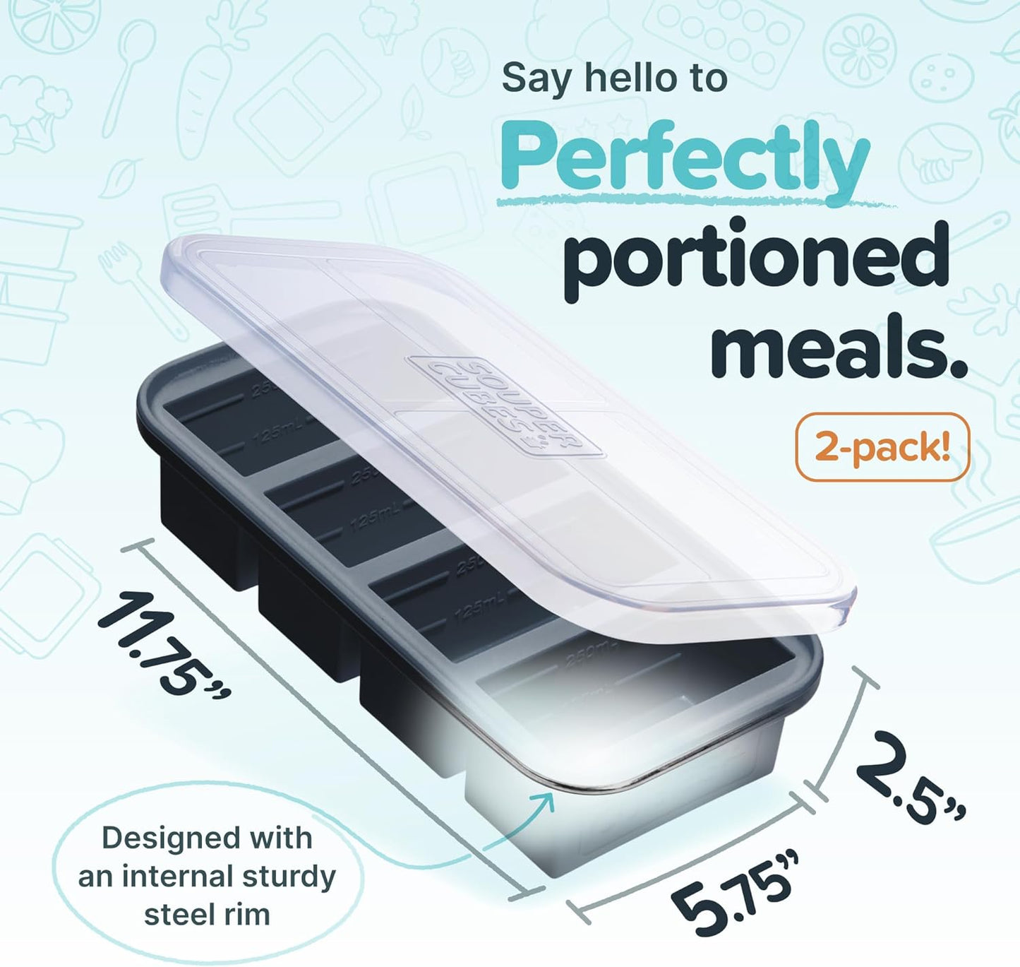 Souper Cubes 1 Cup Silicone Freezer Tray with Lids, Perfect for Storing Broth, Leftovers, Rice, Sauce and More, Silicone Soup Freezer Molds for Meal Prepping - Charcoal - 2-Pack