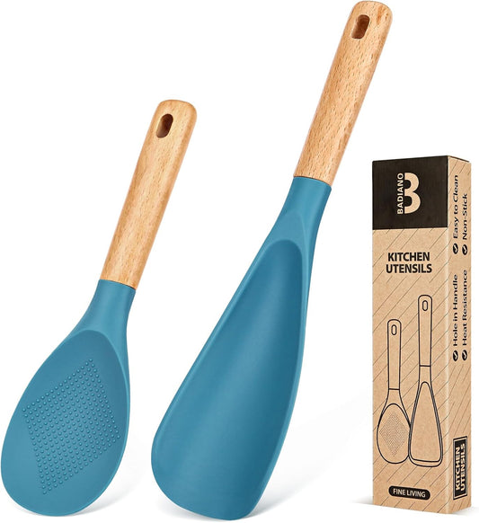Cooking Spoon and Rice Scooper for Nonstick Cookwares, Great for Cooking and Serving Sturdy BPA-Free Matte Silicone, Wood Handle Spoon for Mixing, Scoop, and Scrape, Turquoise