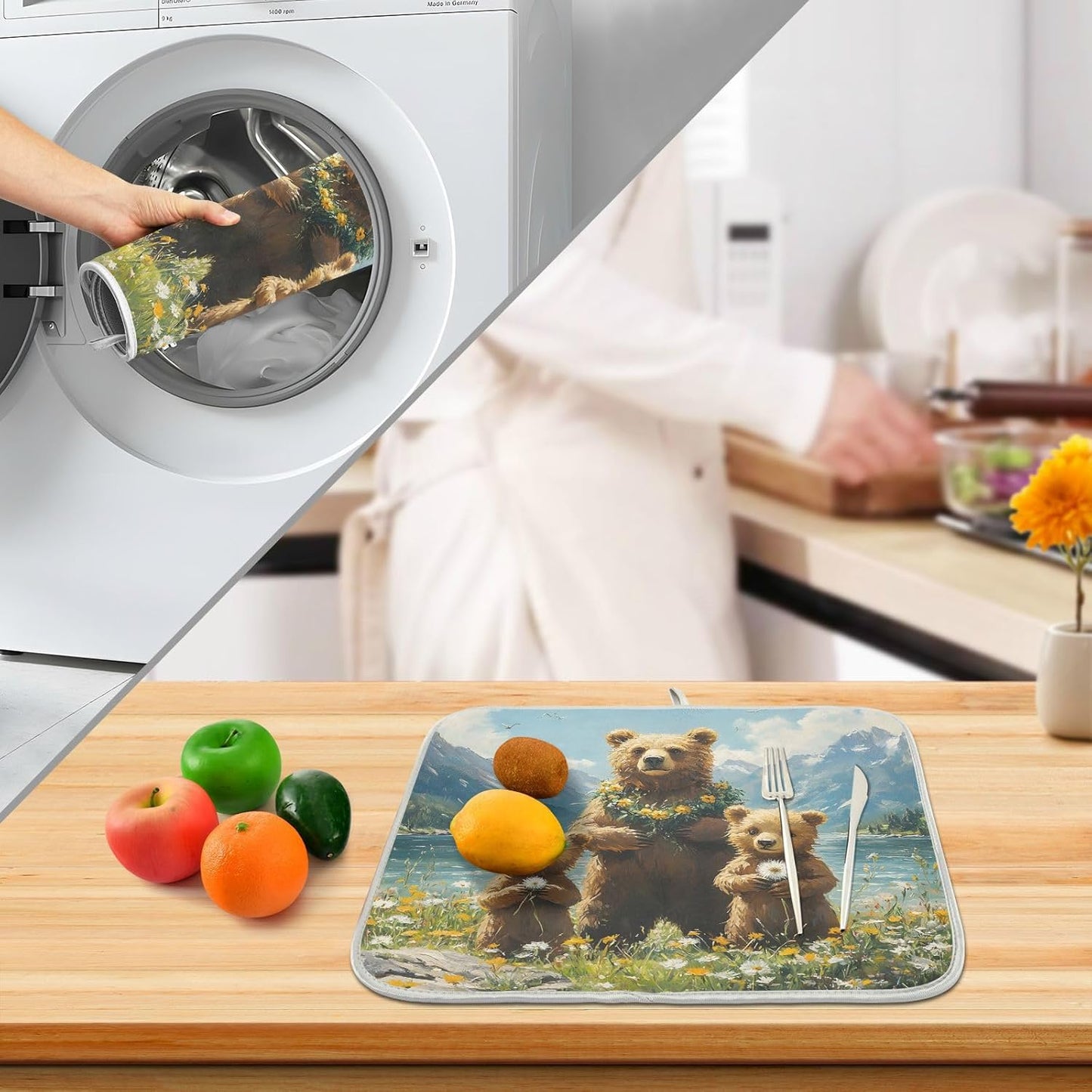 Three Bear Dish Drying Mat for Kitchen Ccounter Absorbent Microfiber Small Drying Pad Dandelion Wildflowers Dish Mats for Kitchen Countertops 16 x 18 Inch
