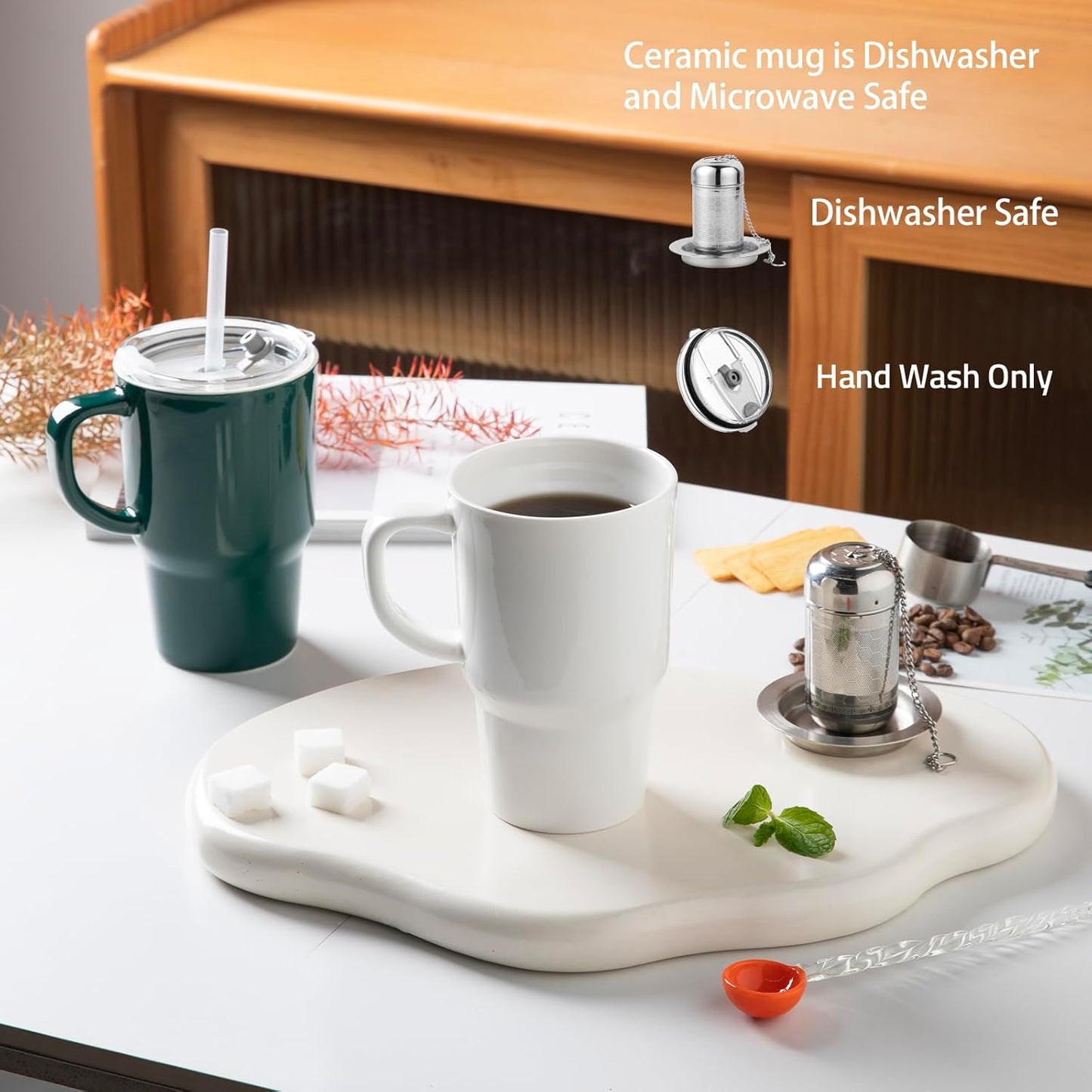 Sweejar Ceramic Travel Mug with Lid, 16 oz Portable Coffee Mug, Dishwasher Safe Tea Cup with Infuser, Reusable Teacup for Car Cup Holder, Tea Lovers(Jade)