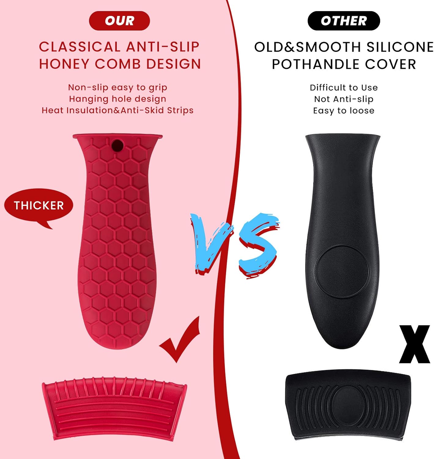 Patelai 8 Pcs Silicone Pot Holders Set Cast Iron Handle Cover Heat Resistant Pot Handle Covers Potholder Non Slip Reusable Pan Sleeve for Frying Pan Kitchen Supplies(Blue, Red, Green, Black)