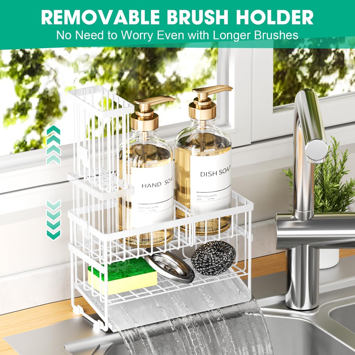 Sponge Holder for Kitchen Sink, 2 Tier Sink Caddy Organizer with High Brush Holder, Self-Draining Sponge Holder for Sinks, Soap Dispenser Organizer, Rustproof 304 Stainless Steel, White