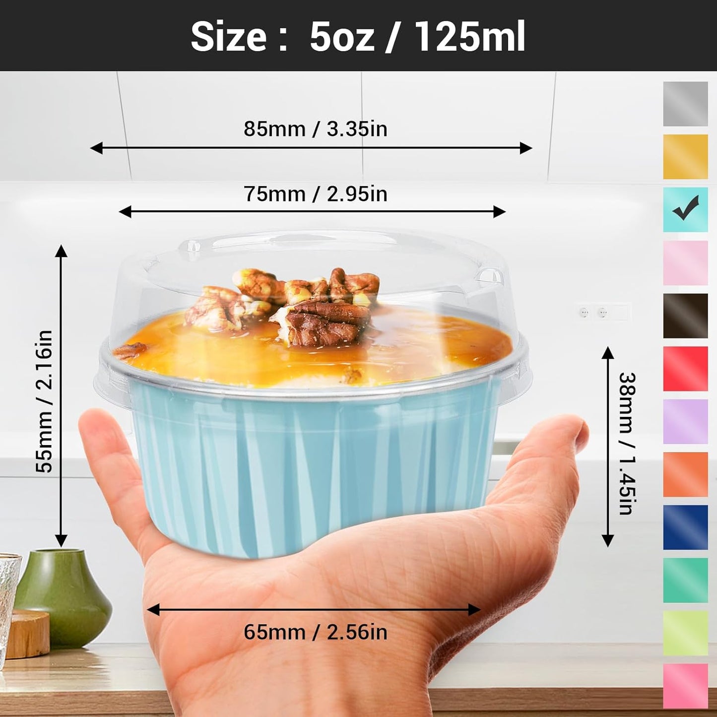 EUSOAR Disposable Ramekins with Lids, Lake Blue 60Packs 5oz Aluminum Foil Mini Muffin Liners, Dessert Cheesecake Pan Creme Brulee Cupcake Ramekins Containers for Catering Gathering Club Wedding Party