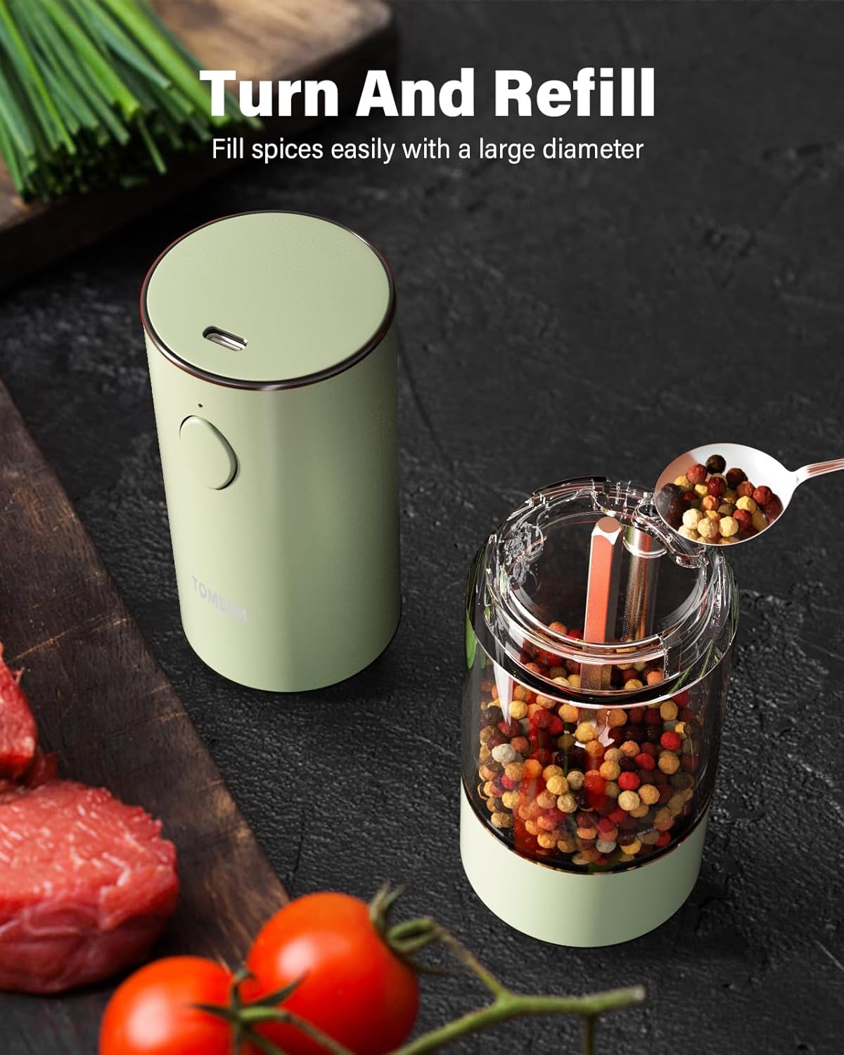 TOMEEM Upgraded Larger Capacity Electric Salt and Pepper Grinder Set Rechargeable with LED lights, Stainless Steel Automatic Pepper and Salt Grinder Refillable with 5 Adjustable Coarseness Green
