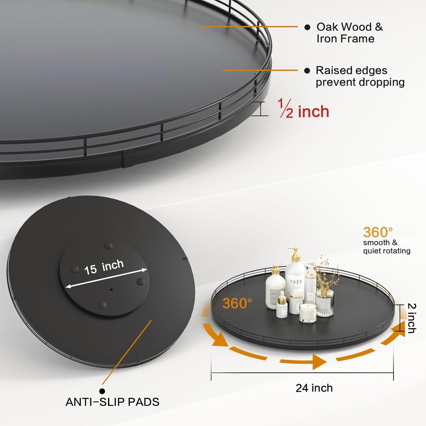 24" Oak Wooden Lazy Susan Turntable for Dining Table, Extra Large Round Lazy Susans Organizer for Kitchen Countertop Charcuterie Boards Cheese Board Organization and Storage Black Home Decor