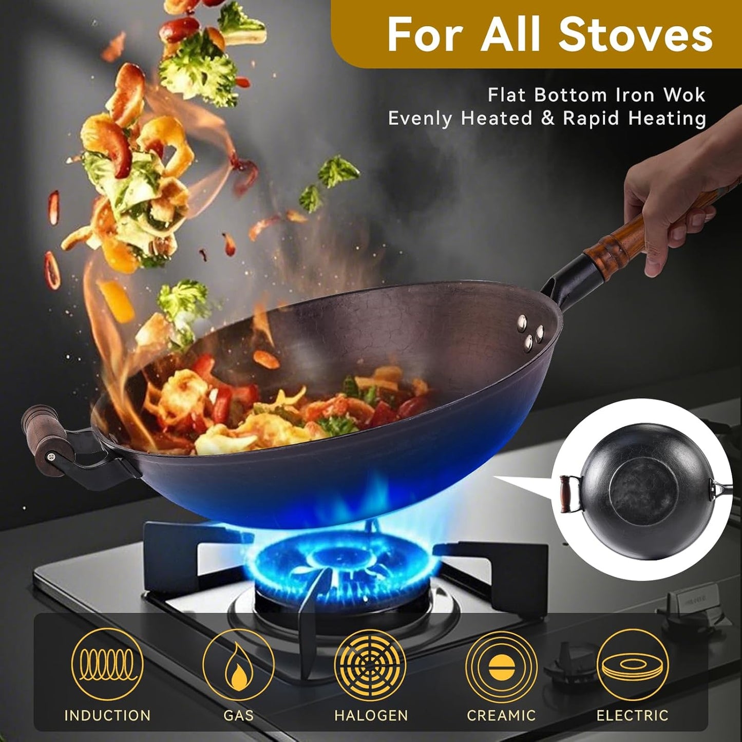WANGYUANJI Cast Iron Pot,13.4 inch Craft Wok Chinese Wok,Flat Bottom Iron Woks with Lid,Fry Pan Suitable for Induction, Electric, Gas, Halogen All Stoves-Black