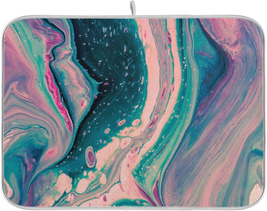 Super Absorbent Dish Drying Mat, Microfiber Fast-Drying Dish Mat, 16" x 18", Kitchen Dish Drying Pad, Marble Pink Green