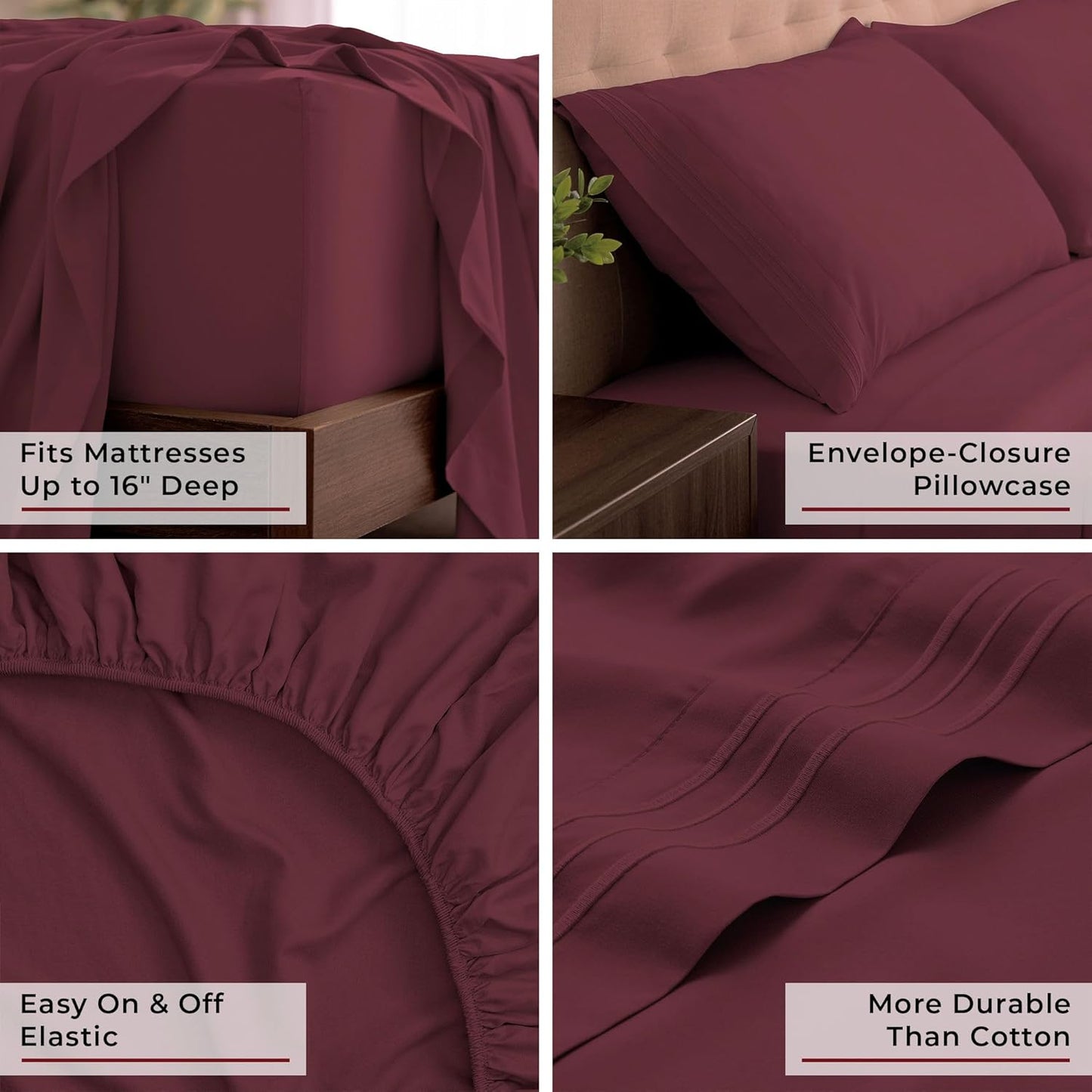 Mellanni King Sheets Set - 4 PC Iconic Collection Bedding - Hotel Luxury, Extra Soft, Cooling Bed Sheets - Wrinkle, Fade, Stain Resistant (King, Burgundy)