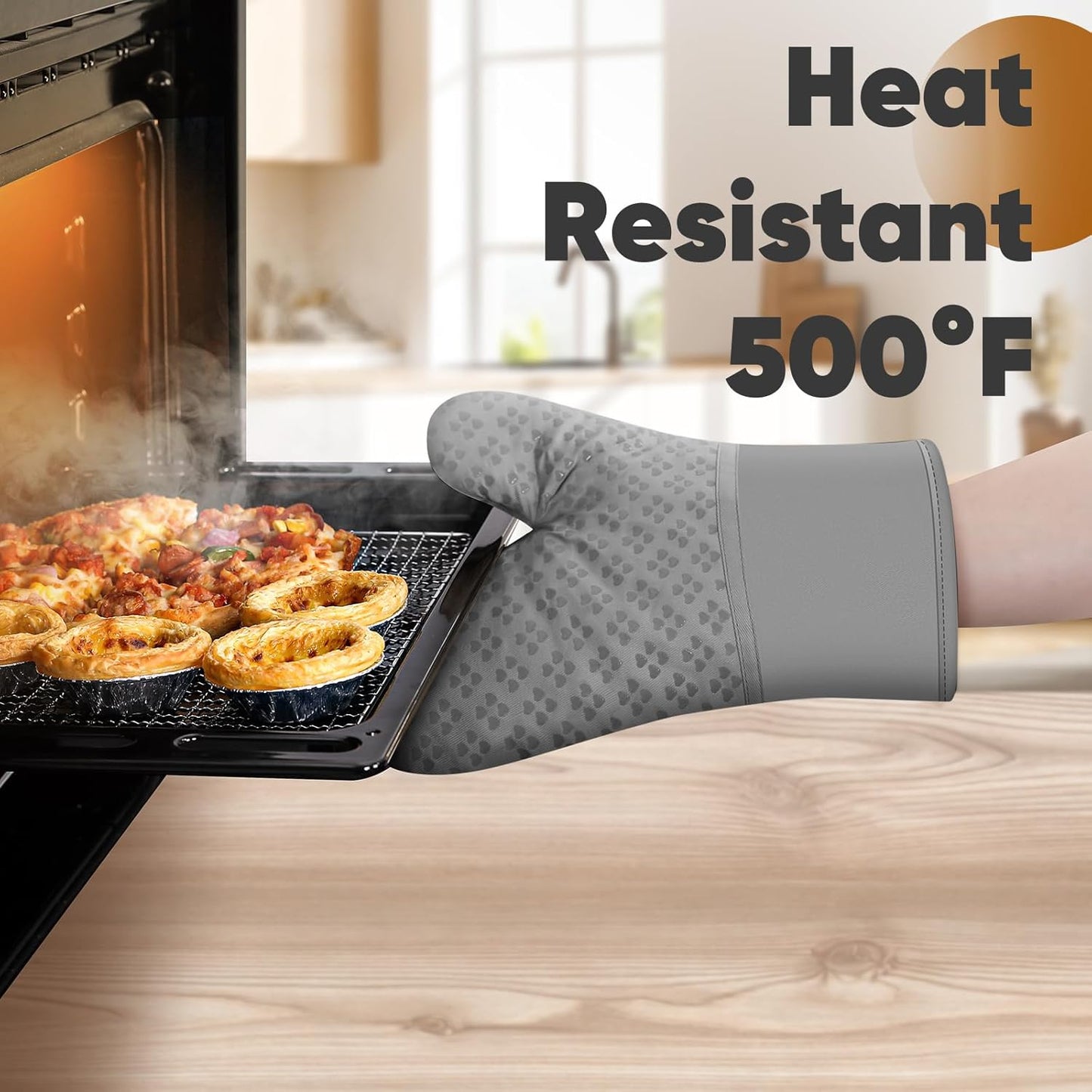 Oven Mitts and Pot Holders 4 Sets, Heat Resistant 500 ℉ Oven Mitt and Pot Holder,Oven Glove&Potholders with Non-Slip Silicone Surface,Kitchen Essentials for Cooking/Baking/BBQ-Grey