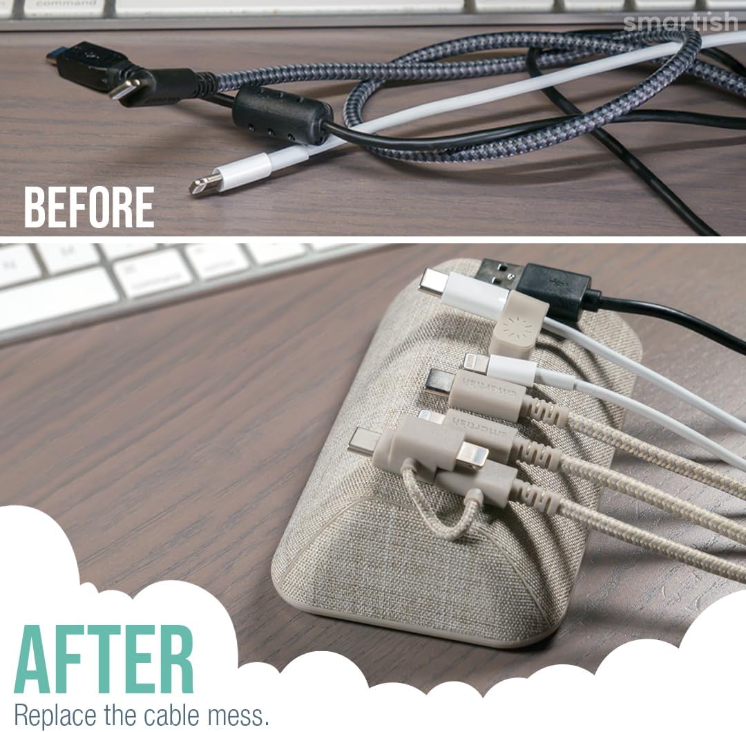 Smartish® Magnetic Cord Holder - Bigger Cable Wrangler Organizer with Magnet Clips for Charger Management on Desktop, Nightstand, or Side Table - Holds 6+ Cables - Lightly Toasted Beige