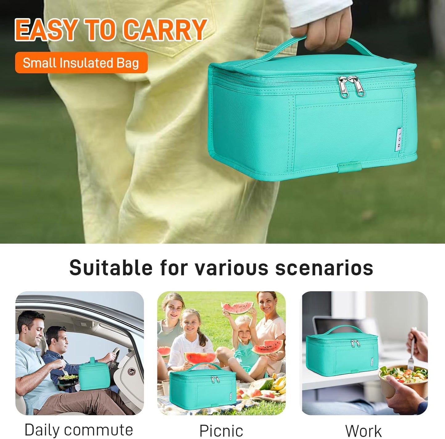 NOL Natural Organic Lifestyle Small Lunch Bag Mini Lunch Box Insulated Lunch Bag for Men/Women Leakproof Cooler Tote Bag Lightweight Nylon Waterproof Lunch Box For Work,Cyan