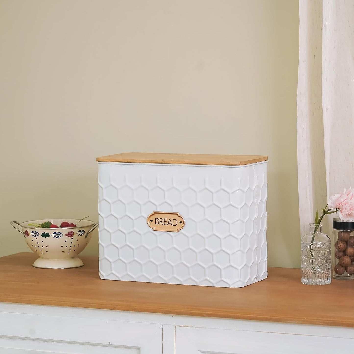 NIKKY HOME Extra Large Space Saving Farmhouse White Bread Box With Bamboo Lid - Holds 2 Loaves - Vertical Breadbox Bread Storage Bin Holder for Kitchen Countertop, Honeycomb Embossed Pattern