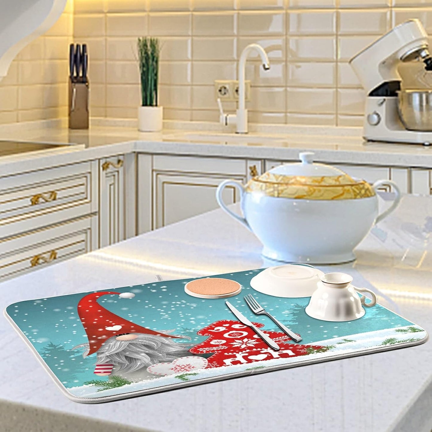 Super Absorbent Dish Drying Mat, Microfiber Fast-Drying Dish Mat, 16" x 18", Kitchen Dish Drying Pad, Watercolor Cute Christmas Gnome…
