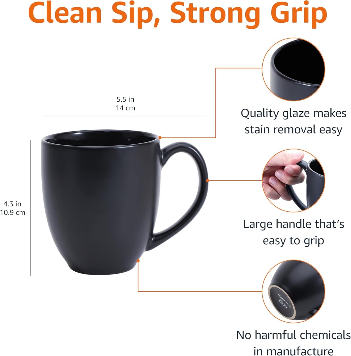 Amazon Basics 12-pack Matte Black Ceramic Coffee Mug, 16 ounces, Microwave-Safe, Stoneware, Commercial-grade