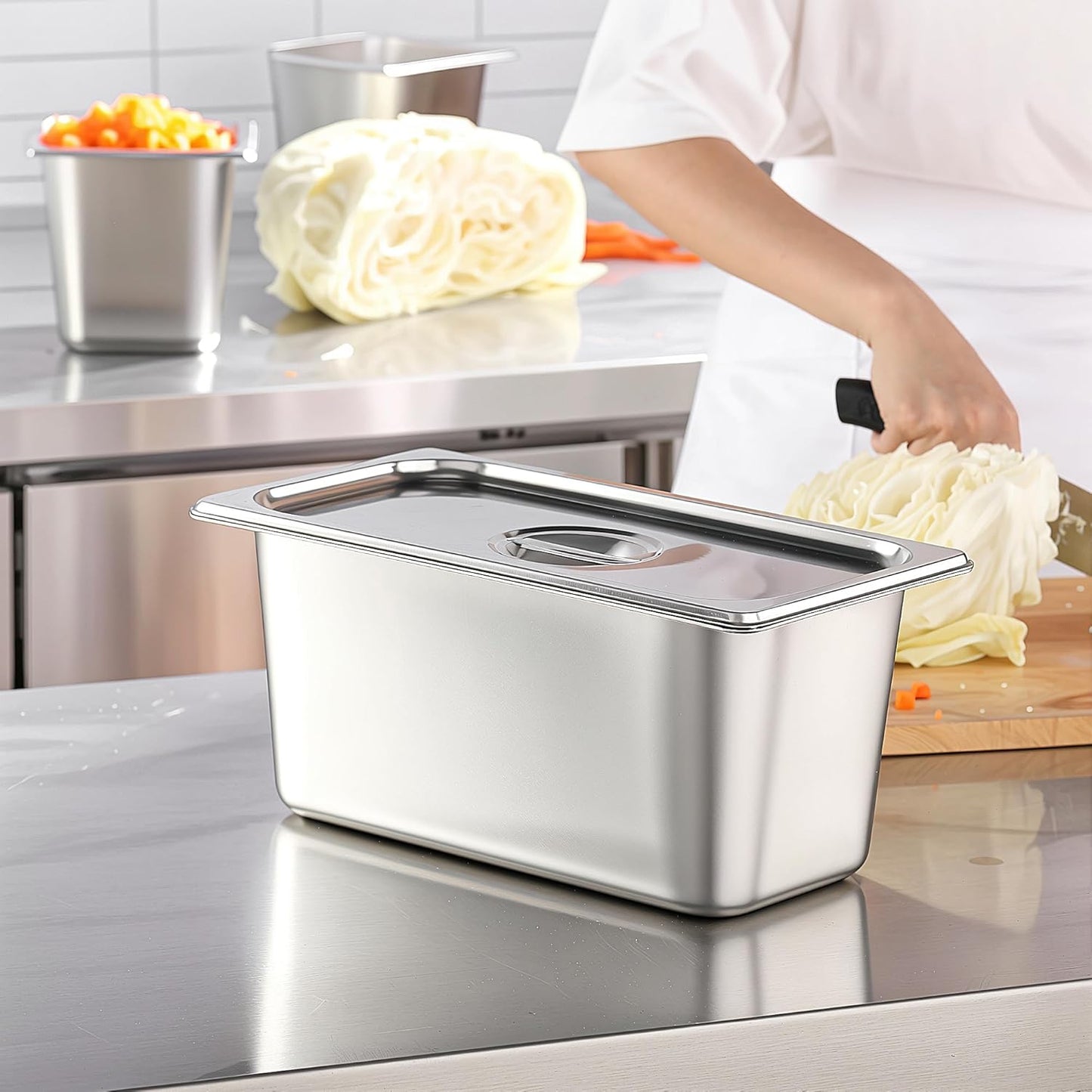 1/3 Size Steam Table Pan with Lid 6 Inch Deep Hotel Pan Commercial Stainless Steel Food Pan with Cover 6 Pack Chafing Pans for Buffet Party and Restaurant Supplies