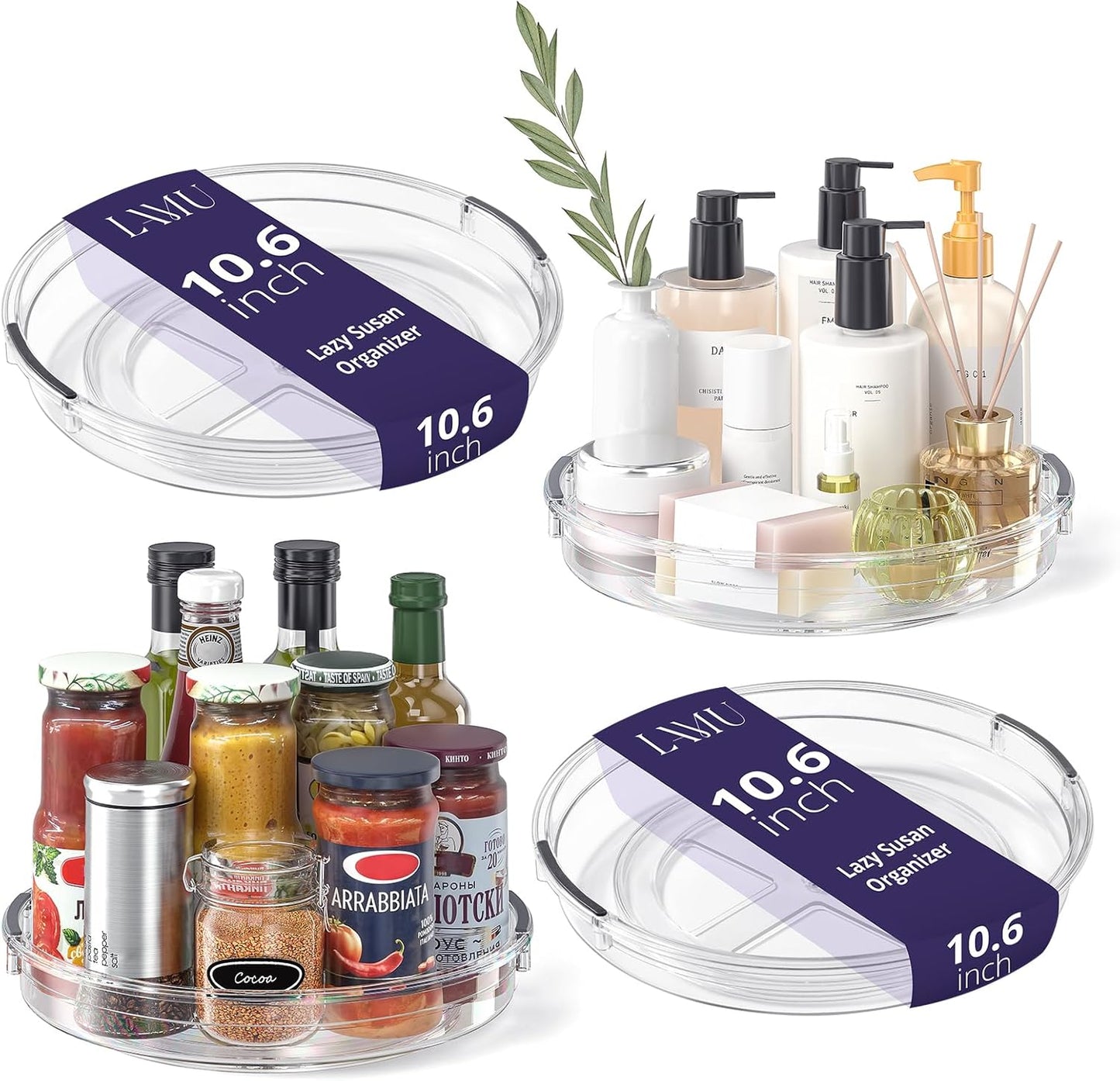 LAMU 4 Pack 10.6in Lazy Susan Organizer, Clear Lazy Susan Turntable for Cabinet, Refrigerator, Table Top, Kitchen, Bathroom, Pantry Organizers and Storage