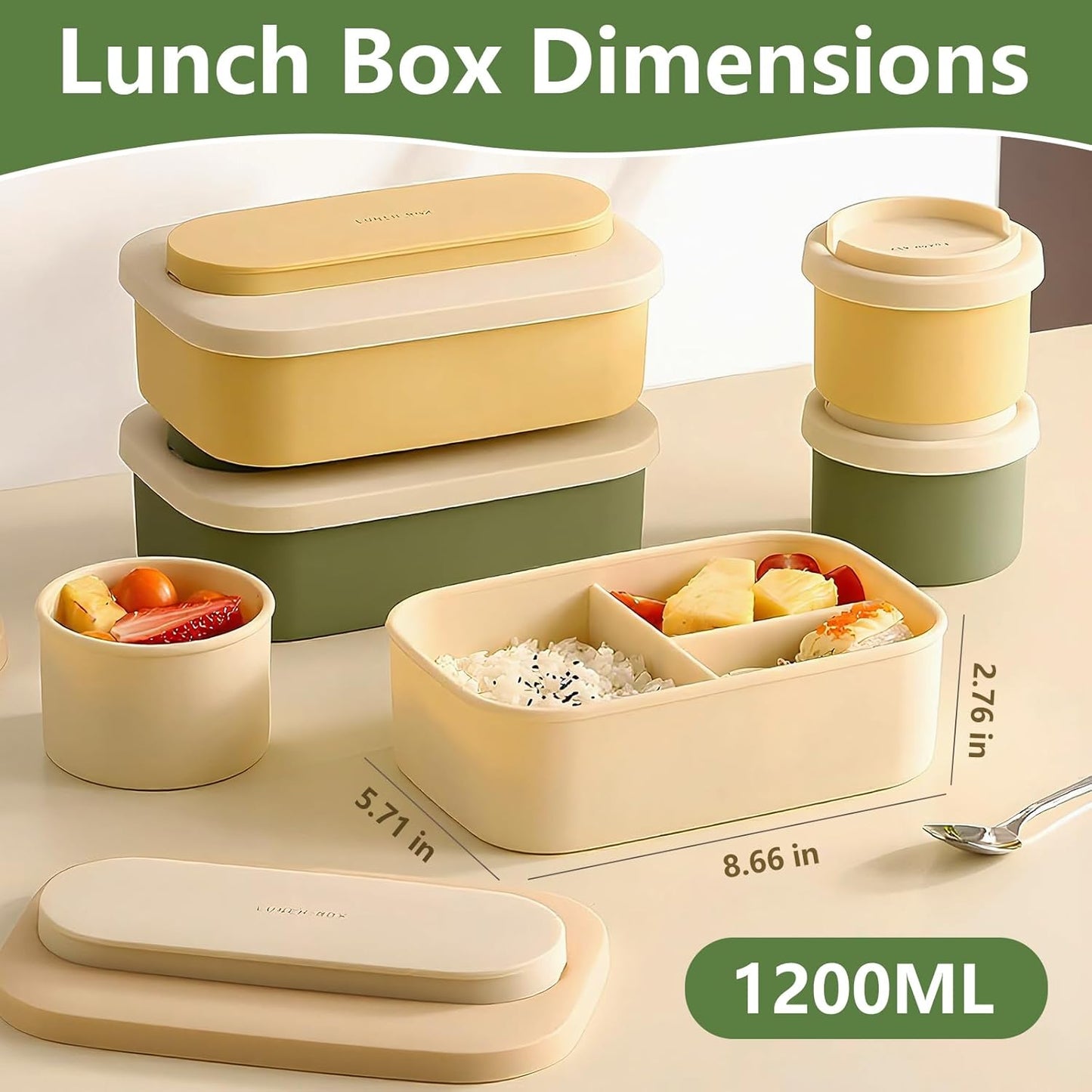 Silicone Bento Box Lunch Box for Adults, Lunch Food Container with 3 Compartment, BPA-Free and Leakproof, Microwave & Dishwasher Safe (Beige)