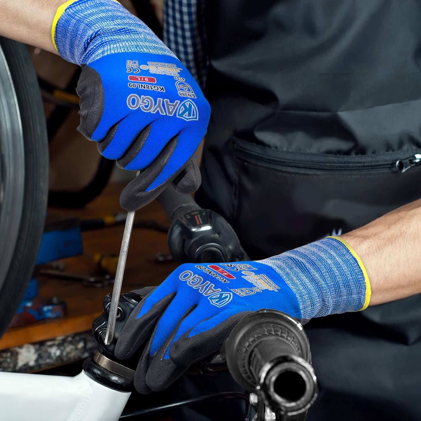 Safety Work Gloves MicroFoam Nitrile Coated-12 Pairs,KAYGO KG18NB,Seamless Knit Nylon Glove with Black Micro-Foam Nitrile Grip,Ideal for General Purpose,Automotive,Home Improvement Blue