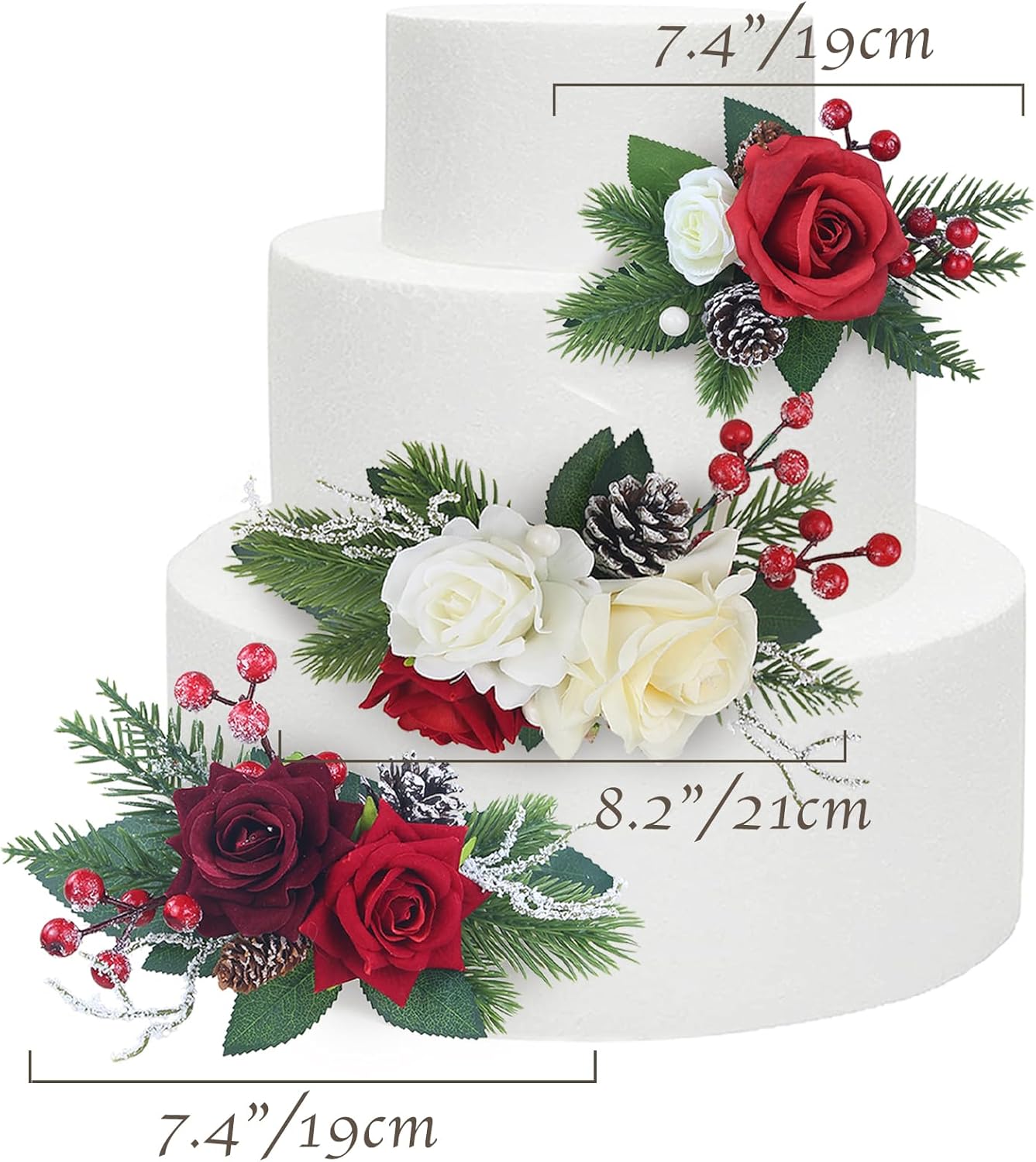 Rinlong 3Pcs Pre-made Cake Topper Cake Decorating Flowers for Christmas Cake Decor Burgundy Xmas Cake Decorations for Wedding Baptism