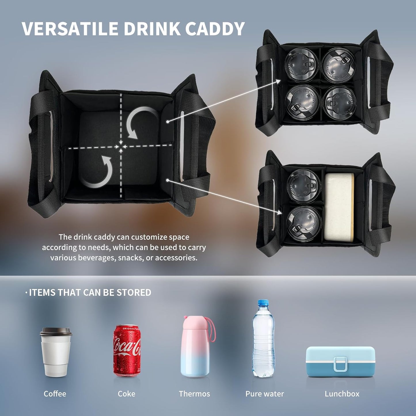 Reusable 4 Cup Drink Carrier with Handle and Adjustable Dividers, Insulated Caddy for Take Out, Foldable Coffee Cup Holder for Hot & Cold Drinks (Black)