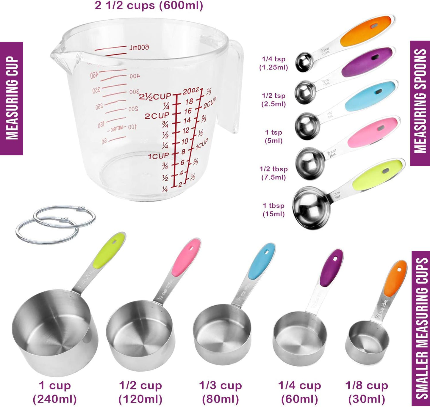 Measuring Cups and Spoons Set 11 Piece. Includes 10 Stainless Steel Measuring Spoons and Cups Set and 1 Plastic Measuring Cup. Liquid Measuring Cups Set and Dry Metal Measuring Cup Set