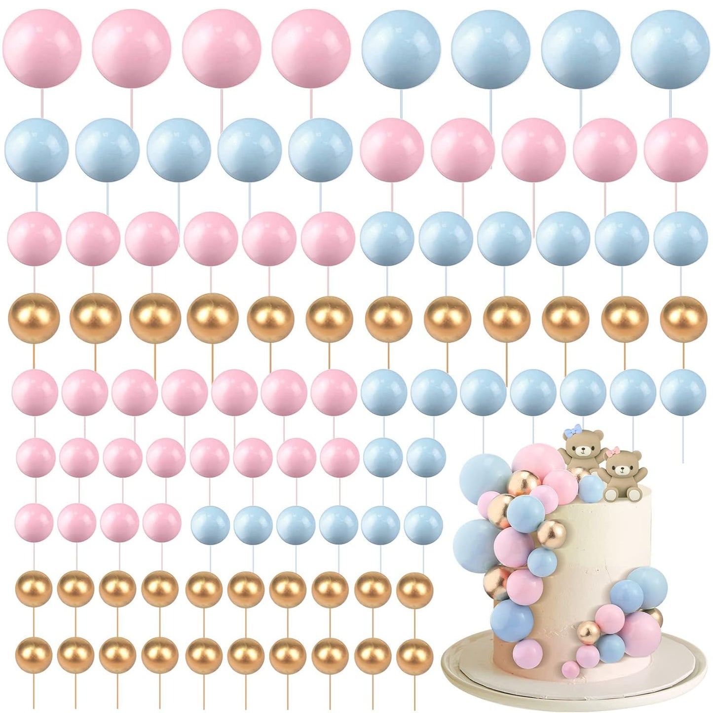 108 Pcs Balls Cake Topper DIY Cupcake Insert Foam Balloons for Cake Baking Wedding Anniversary Birthday Decoration(Pink, Blue, Gold,Multi Sizes)