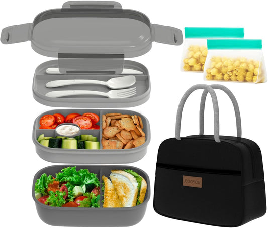 JBGOYON® Bento Lunch Box Set - 3 Stackable Containers for Adults and Kids- Includes Lunch Bag, Leak-Proof and BPA-Free - Built-in Utensil Set and Snack Bag - Dishwasher Safe(Grey Black)